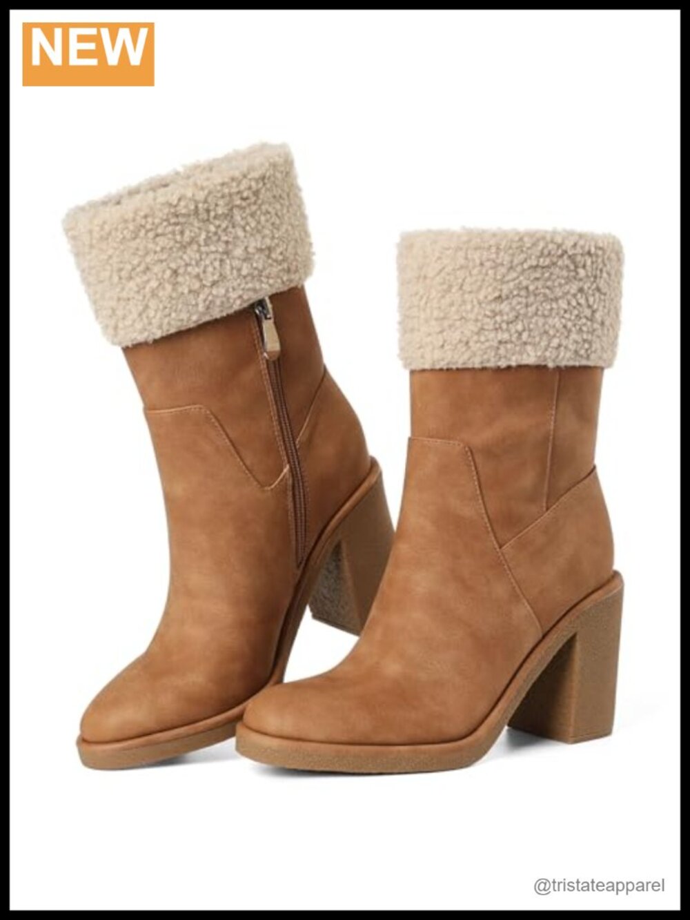 Women Suede Mid Calf Snow Boots Chunky Heel Side Zipper Fleece Lined Winter